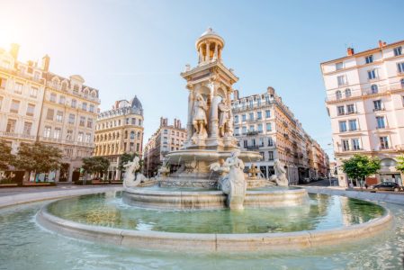 Morning view on Jacobins square and beautiful fountain in Lyon city, France